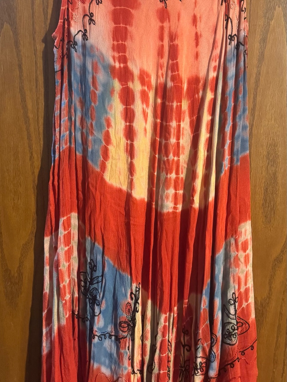 Maya Red Tie-Dye Maxi Skirt with Blue and Cream Accents